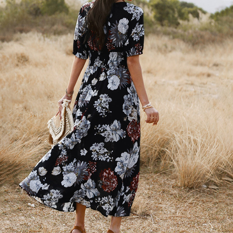 Women's Floral V-Neck Beach Dress – Elastic Waist Summer Maxi Dress with Lightweight Fabric